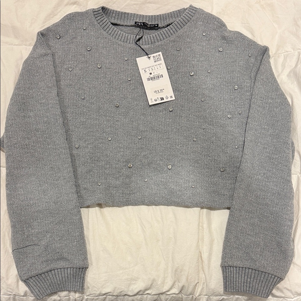 Zara Gray Beaded Crew Neck Sweater
